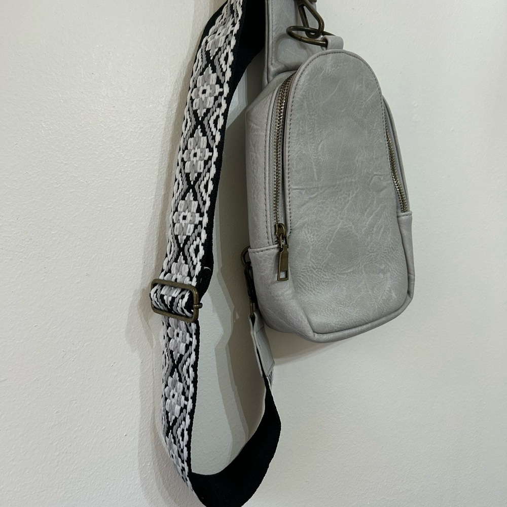 Gray Crossbody Bag with Patterned Strap